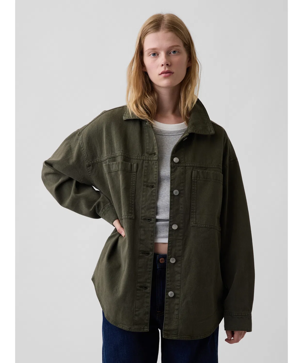 Женское хлопковое пальто-рубашка оверсайз GAP, Khaki