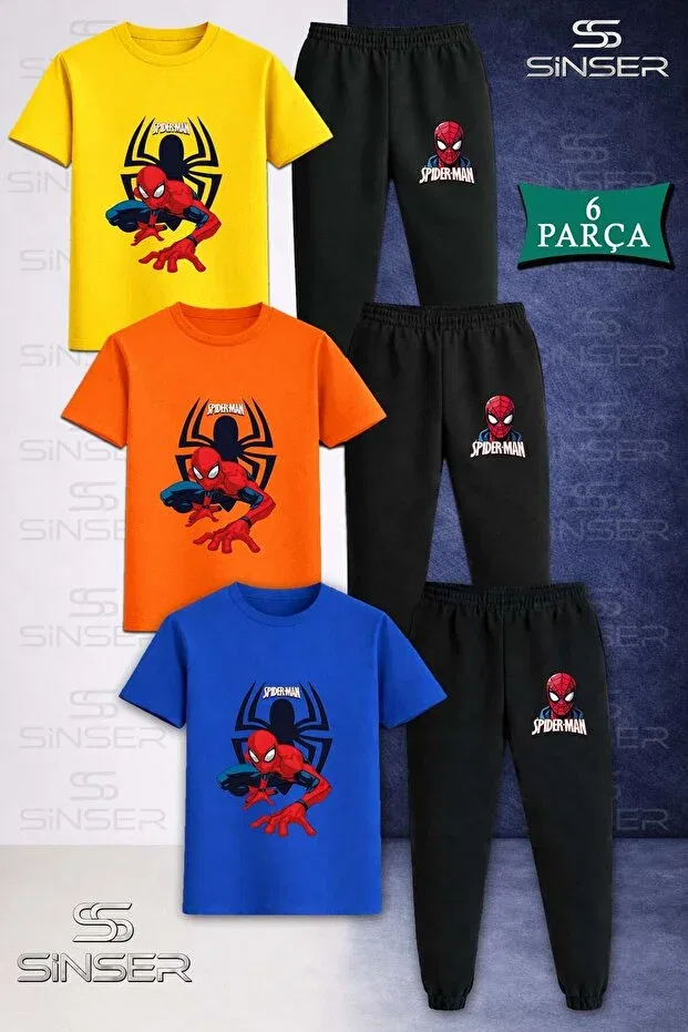 Детский спортивный костюм для девочек с принтом Orumcekman Orumcegin Onunde 3lu Square In The Square 3lü T-shirt Tracksuit Set Ss Sinser, Blue - Orange - Yellow