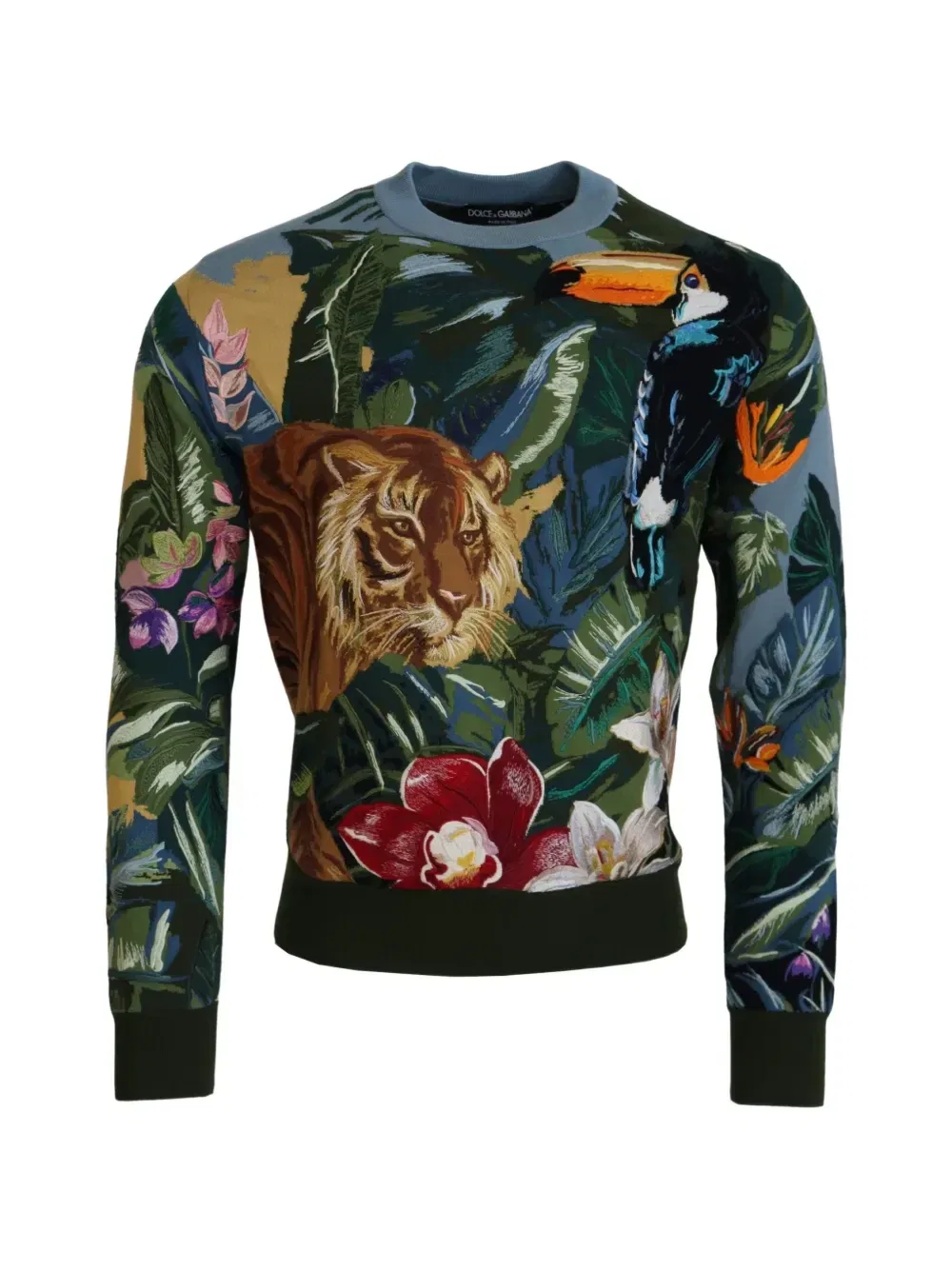 Свитер с вышивкой в тропическом стиле DOLCE & GABBANA, синий