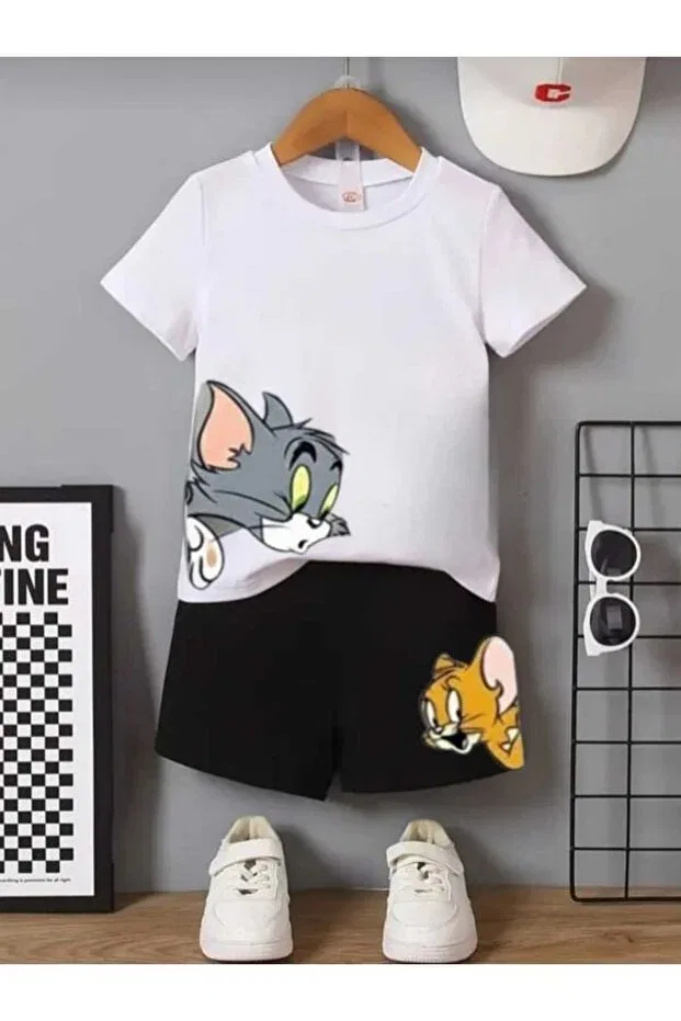 Детский комплект для мальчиков с принтом Tom and Jery Nice Clothes, Bottom Black Top White