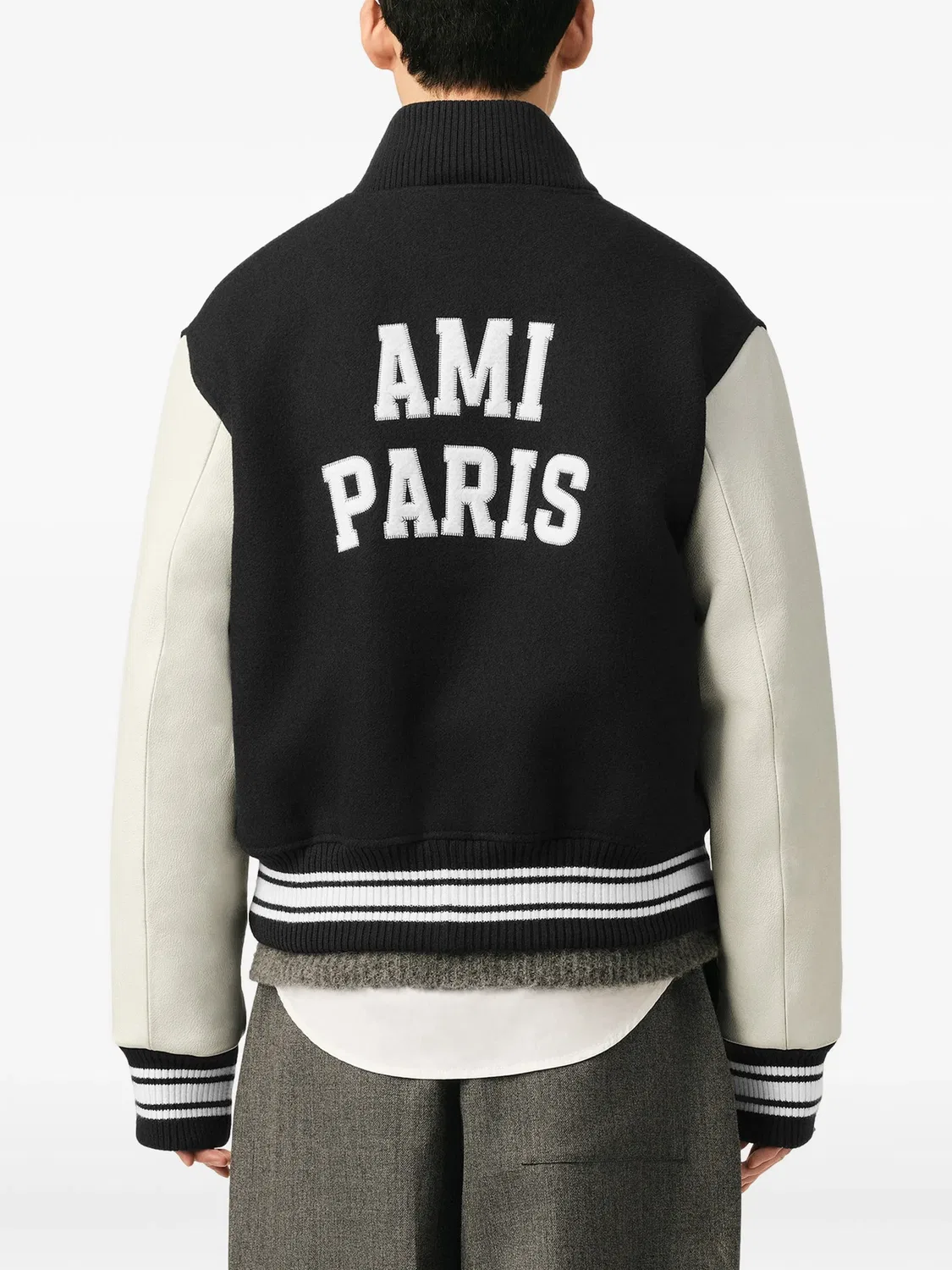 AMI Paris Куртка-тедди из шерсти с кожаными рукавами, Черный — фото 2