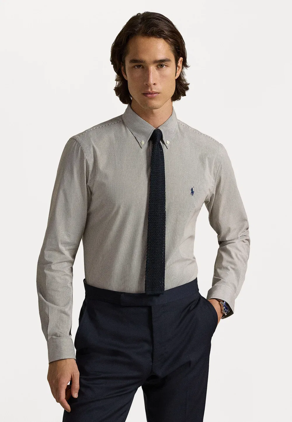 Рубашка из эластичного поплина в полоску, сшитая на заказ Polo Ralph Lauren, Chocolate Brown/White