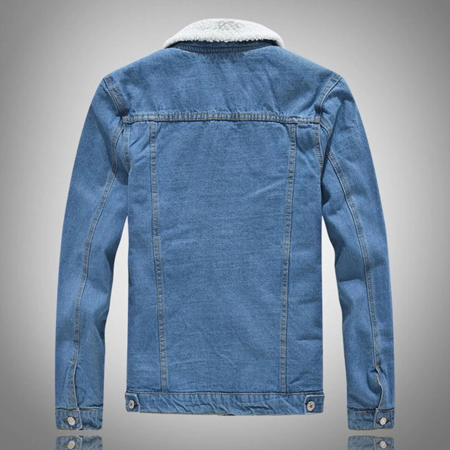 Мужская джинсовая куртка Slim Fit с искусственным флисом, утепленная, с длинными рукавами, комфортная, классическая уличная куртка на пуговицах для весны Generic, светло-голубой — фото 4