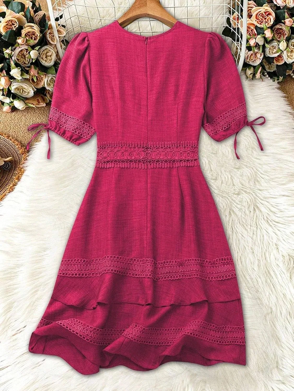 Женское летнее платье A-силуэта с кружевом и пышными рукавами, Red Violet — фото 3