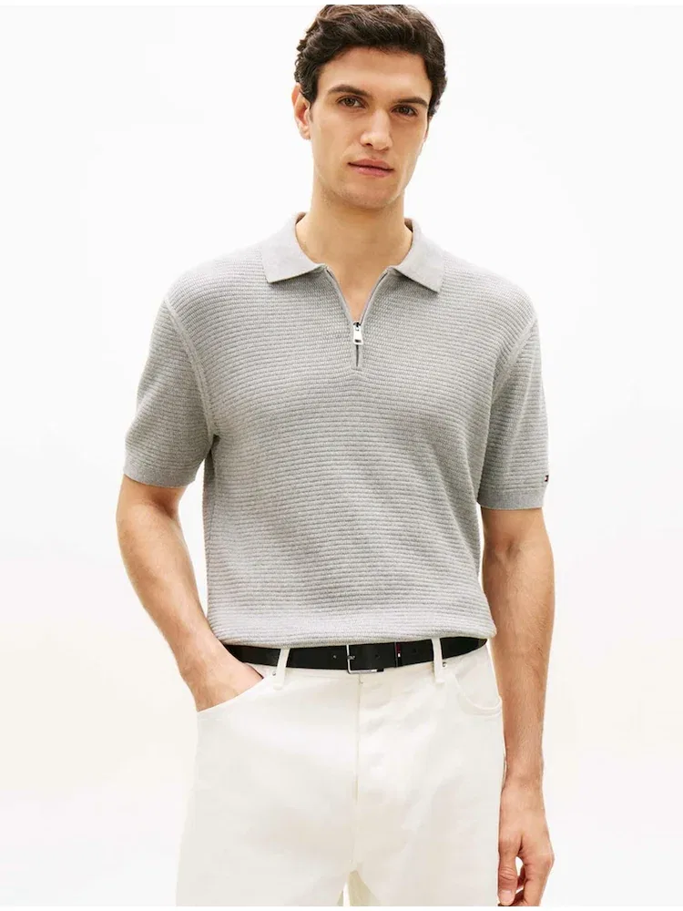 Свитер полувер с фактурным узором, полузастежка поло TOMMY HILFIGER, Light Grey