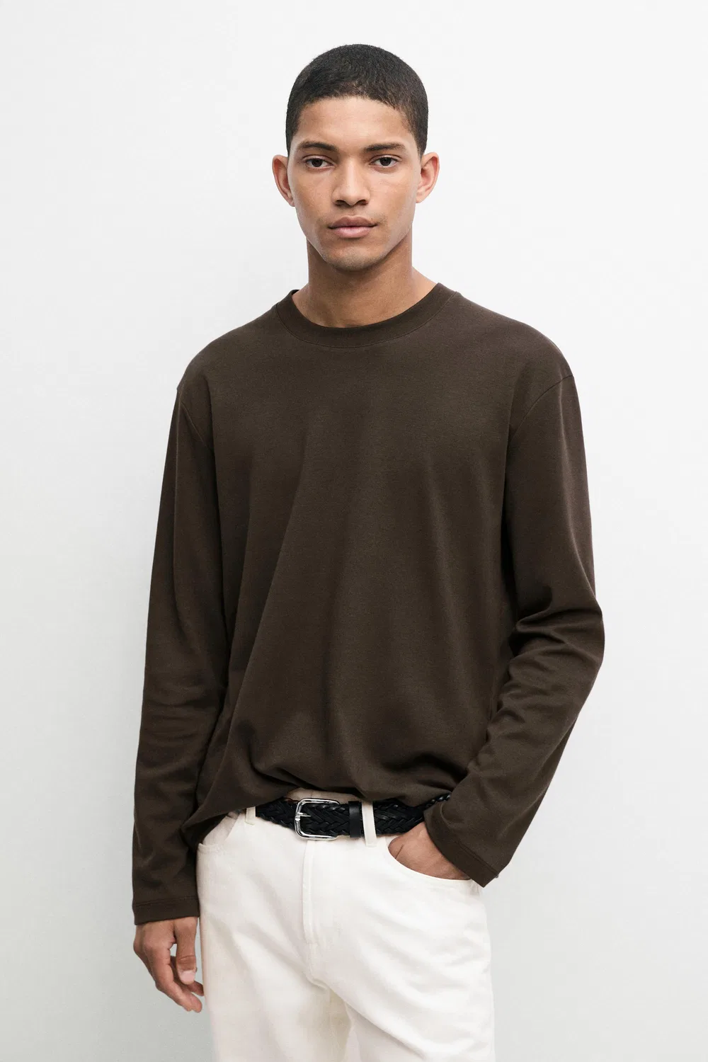 Лонгслив Massimo Dutti 100% Cotton, бледная охра