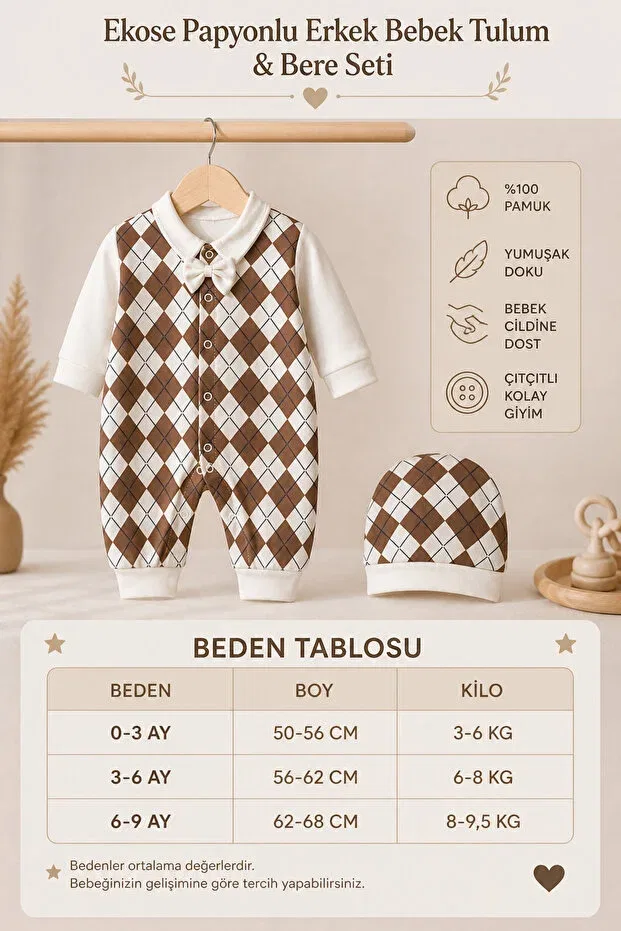 Детский комбинезон для мальчиков в клетку с галстуком-бабочкой Basics My Babies Label, Brown — фото 4