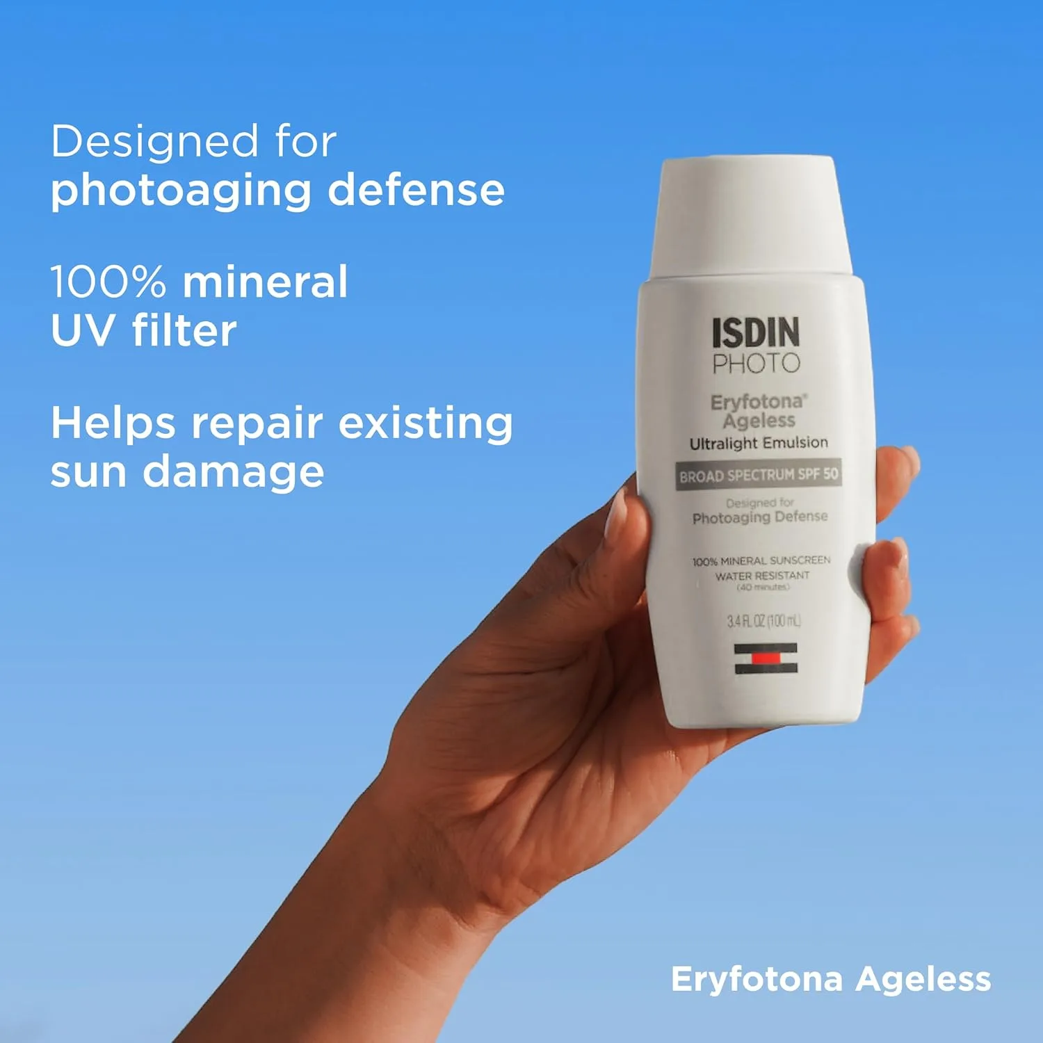 ISDIN Eryfotona Ageless тонированный минеральный солнцезащитный крем для лица SPF 50 с оксидом цинка, DNA Repairsomes и витамином E, универсальный оттенок 100 мл (1 шт.), White — фото 3