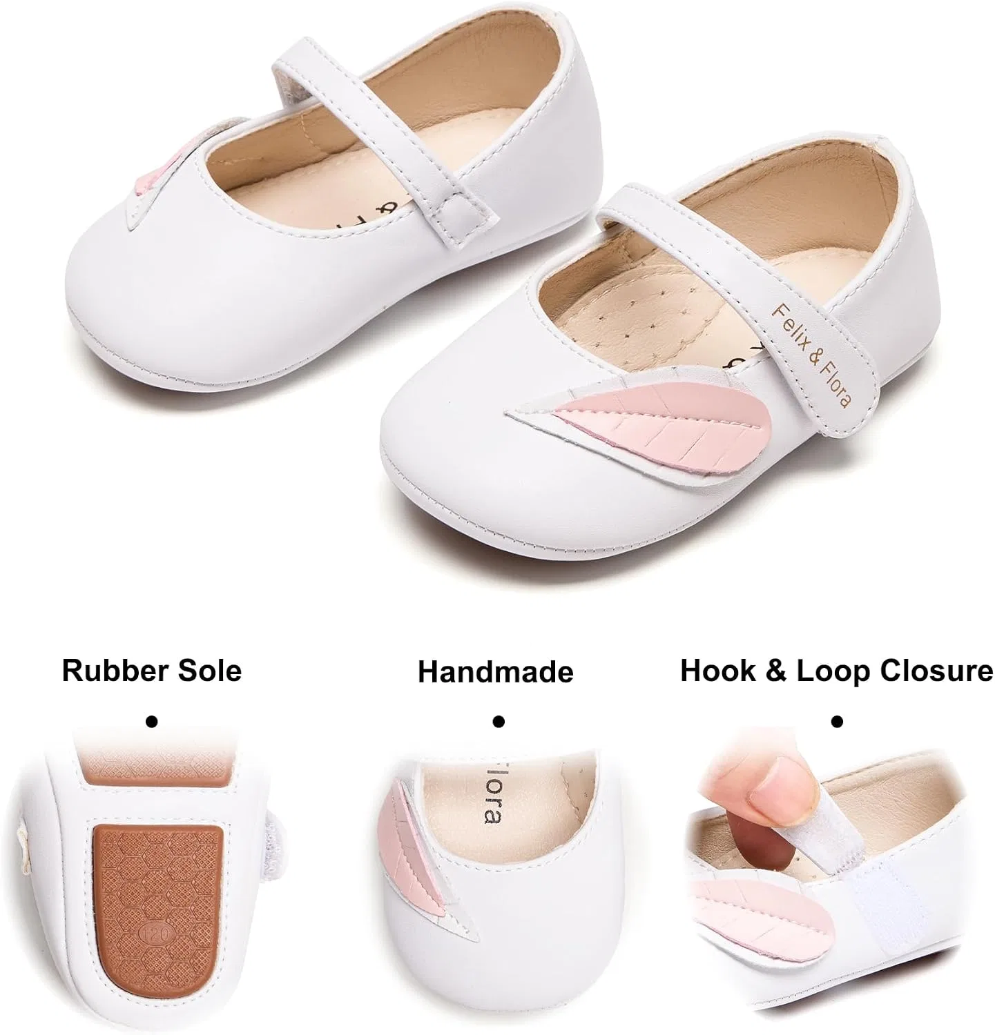 Детские туфли Мэри Джейн на мягкой подошве Moccasins Rubber Sole Crib Shoes Felix & Flora, White — фото 4