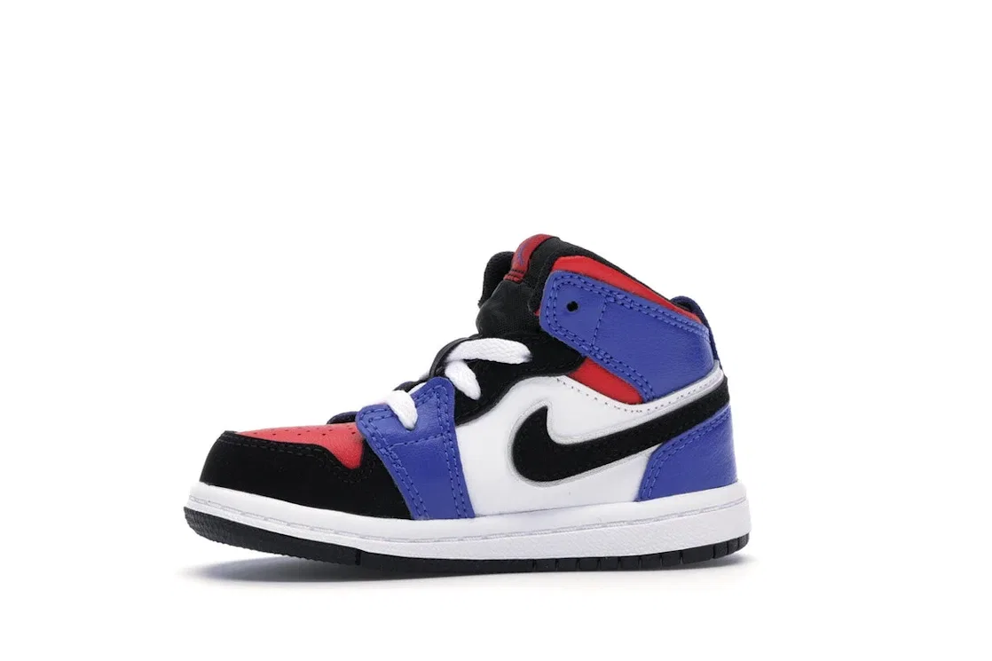 Детские кроссовки с кожаным верхом Jordan 1 Mid Jordan, White/Black-Hyper Royal-University Red-Metallic Silver — фото 3