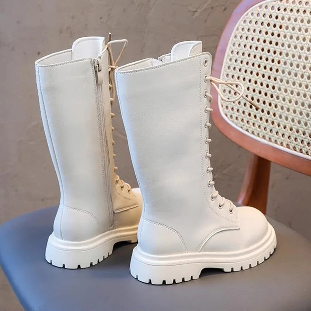 Детские кожаные сапоги для девочек на шнуровке с молнией BININBOX, White-Fur Lined — фото 4