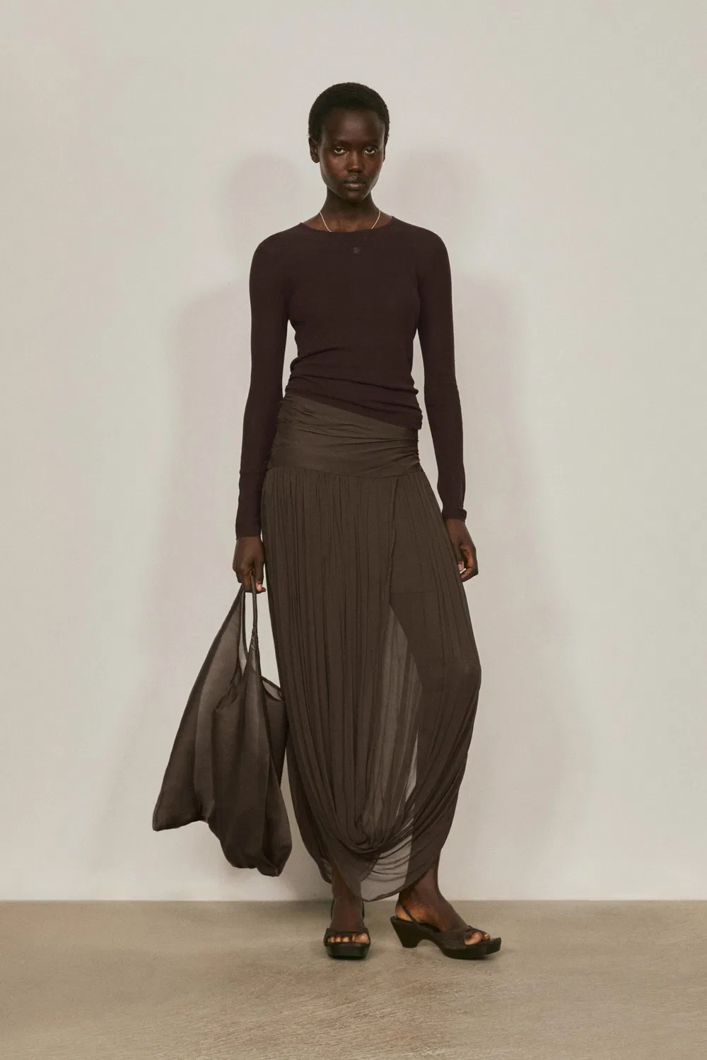 Юбка миди Massimo Dutti, лимитированная серия с пышными деталями, коричневый