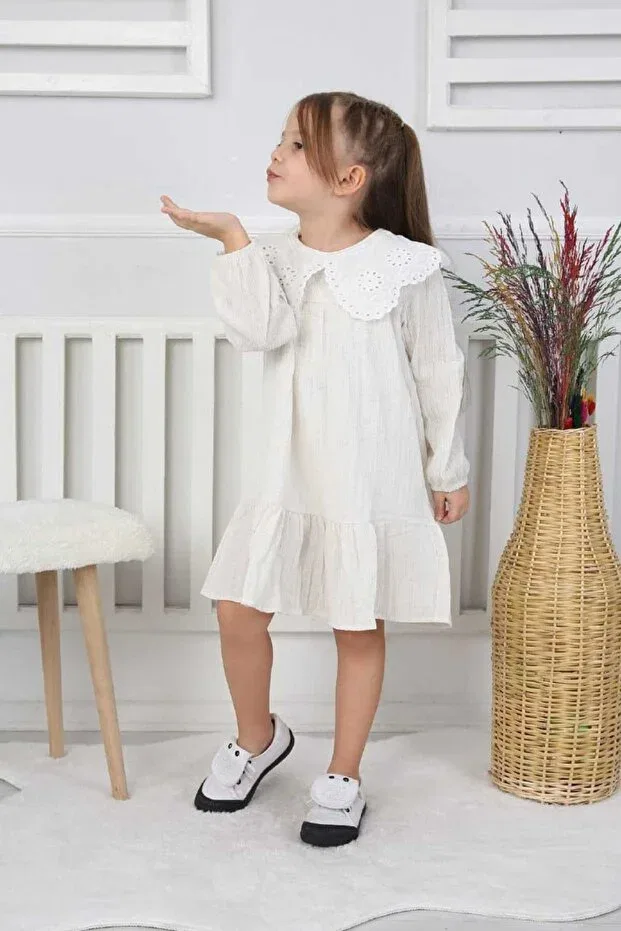 Детское платье для девочек хлопковое Basics Girl'S collar lace detailed dress Canan Çakmak, White — фото 2