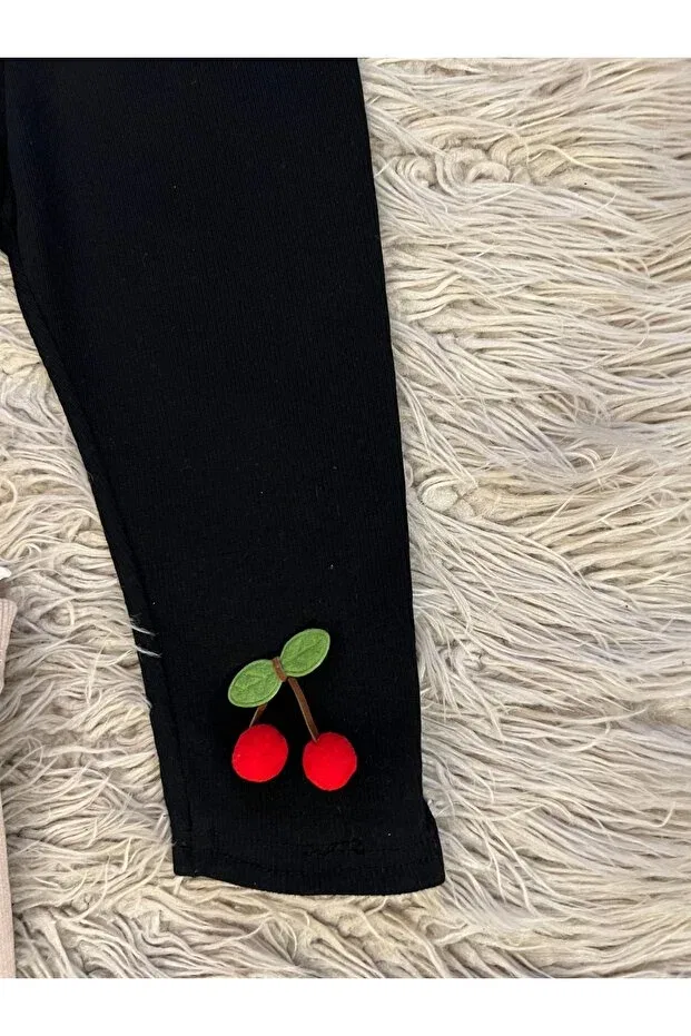 Детские леггинсы для девочек с вышивкой Pack of 2 cherry detailed stretchy rib fabric girl's leggings Enes Baby, Beige Cherry — фото 2