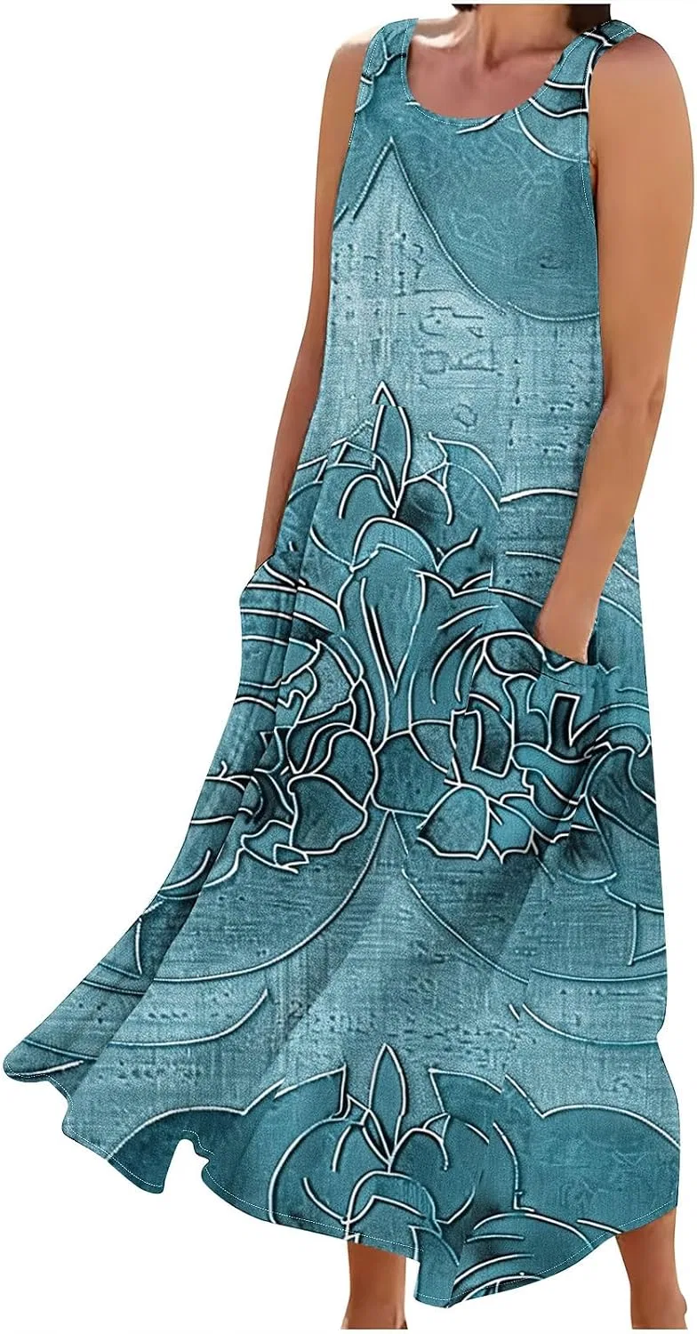 Женское летнее платье без рукавов с принтом, Comfort Cotton Linen, C Sky Blue