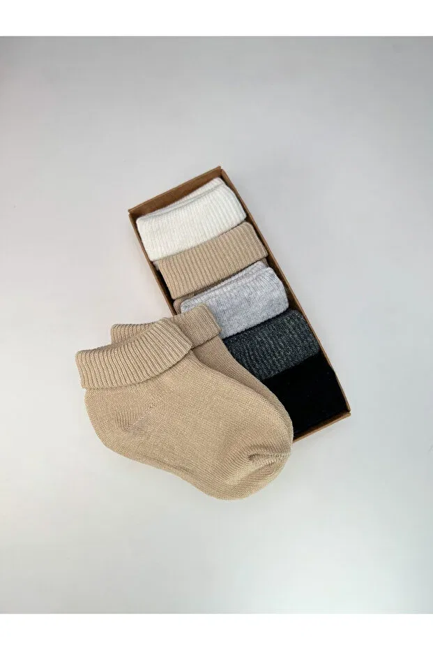 Детские носки хлопковые набор 5 пар Organic cotton -sweatproof- plain curled -sweatproof- newborn baby boy and child socks set of 5 Akface, Black — фото 3