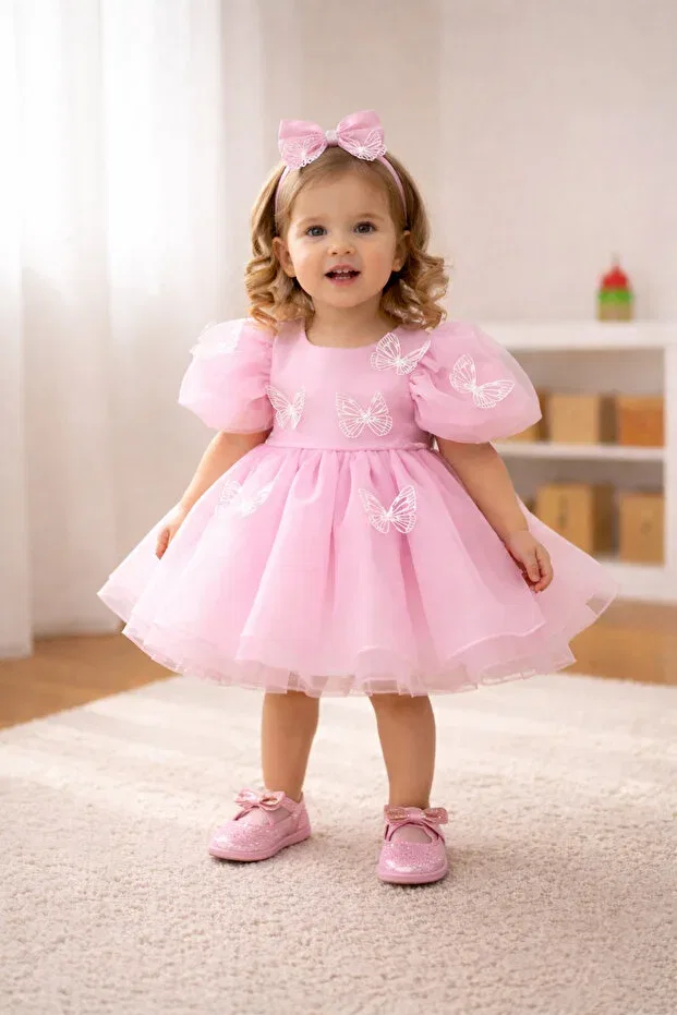 Детское платье для девочек с вышивкой Pink and White Butterfly Birthday Dress Prenses Tasarım Atolyesi, Pink