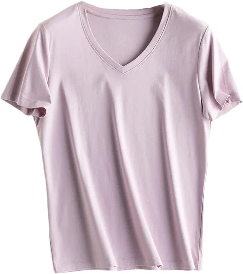 Женская футболка из хлопка с шелком Classic, Sakura Pink V Neck
