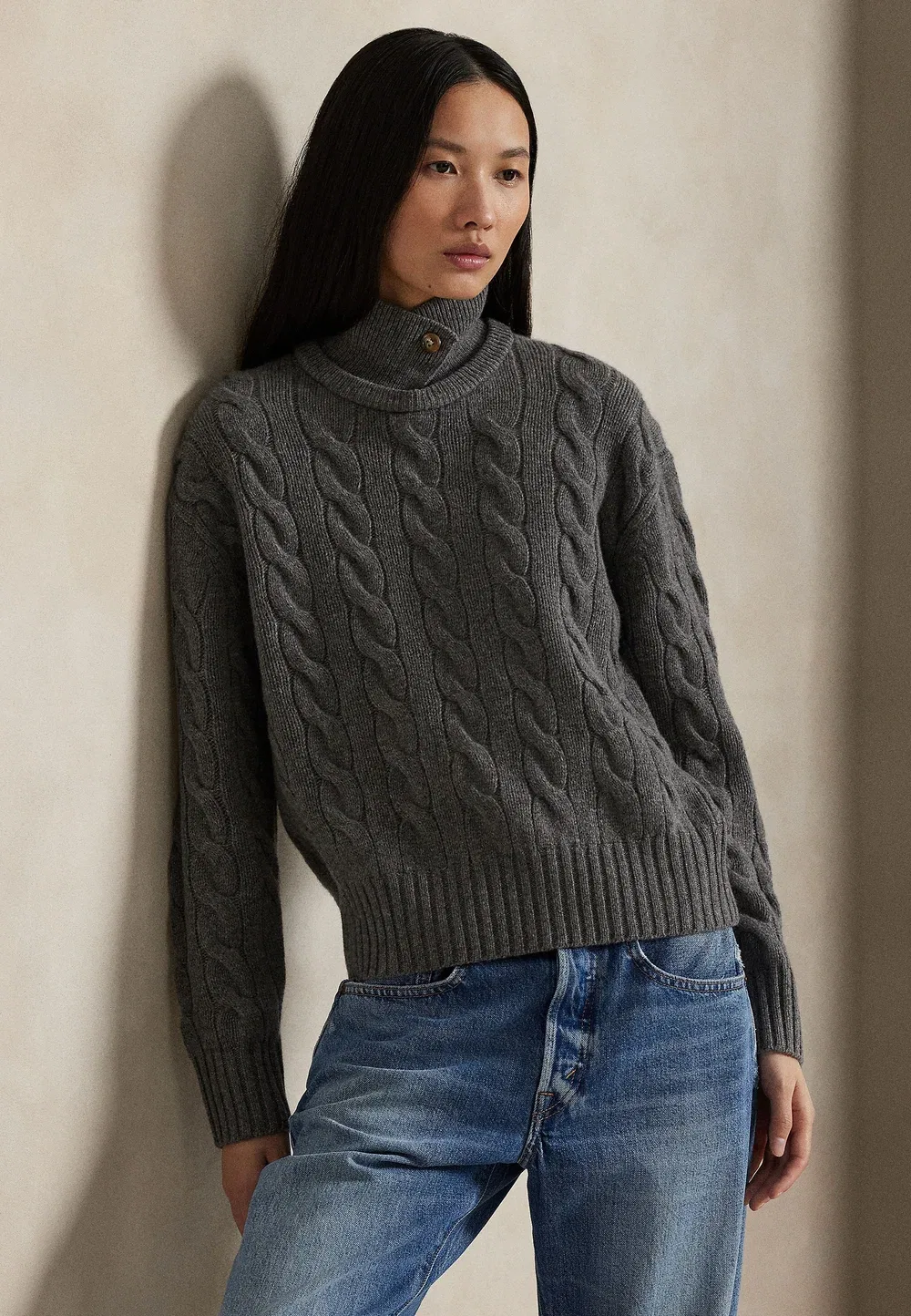 Свитер-Поло из шерсти и кашемира крупной вязки Polo Ralph Lauren, Flannel Grey Heather — фото 4