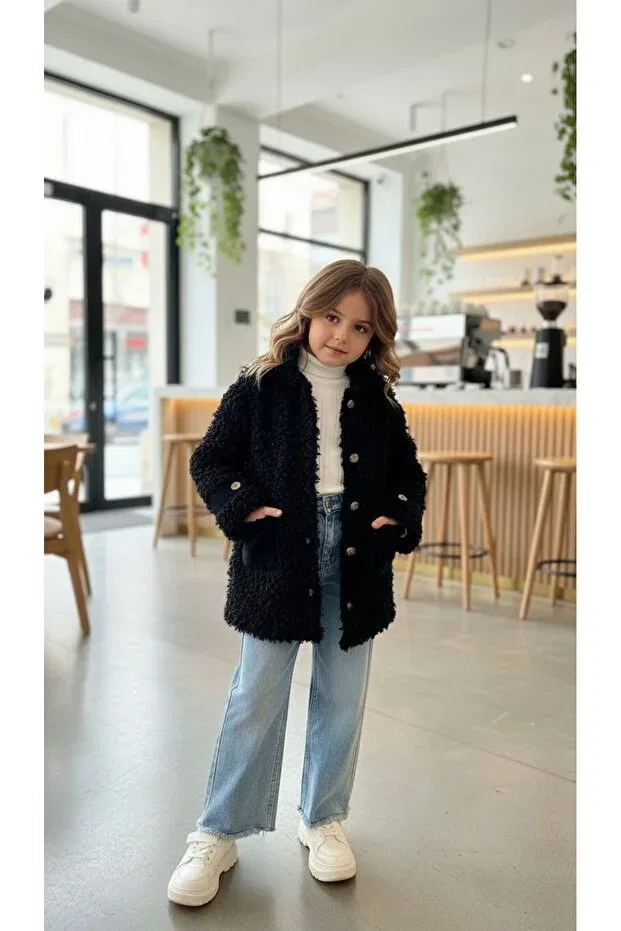 Детское пальто для девочек плюшевое Curly patterned girl's plush coat - waiter boy Hc Kids Wear, Black