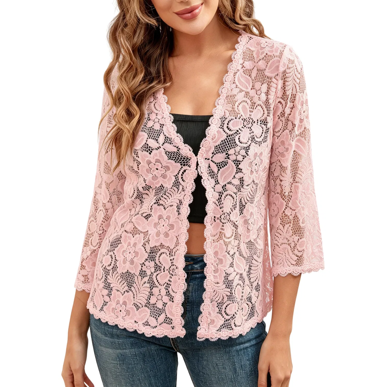 Женский кардиган с цветочным кружевом с рукавом 3/4, модель Bolero, Pink