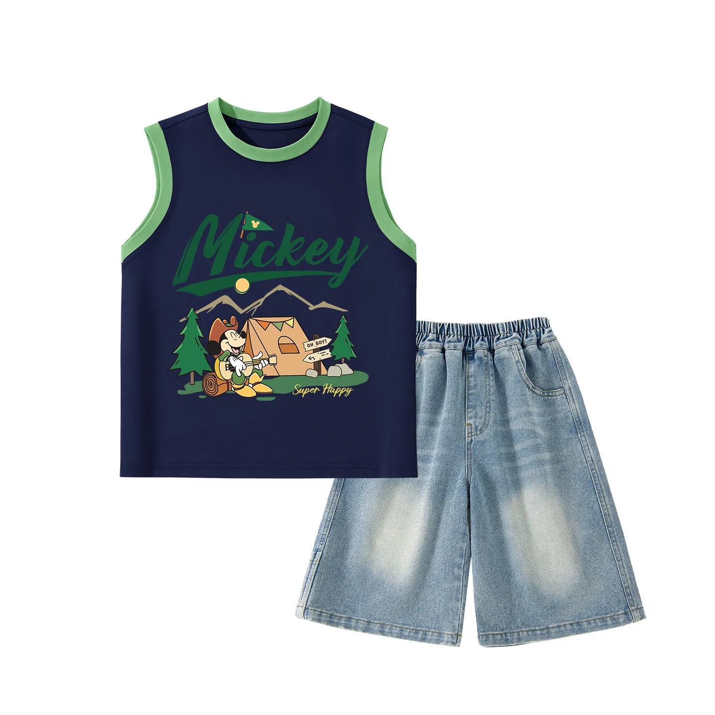 Детский спортивный костюм с круглым вырезом, тонкий, Disney, Di's Song Green Blue+Solid Color Denim Blue