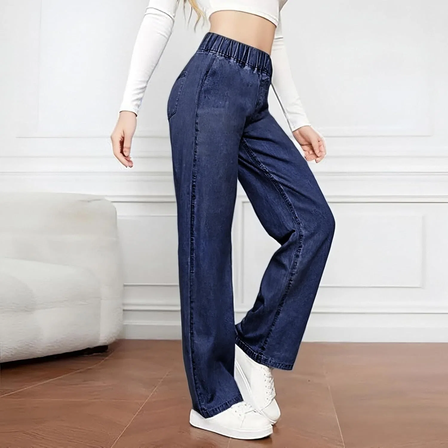 Женские утепленные джинсы с флисом, прямые широкие, High Waisted, тёмно-синий — фото 2