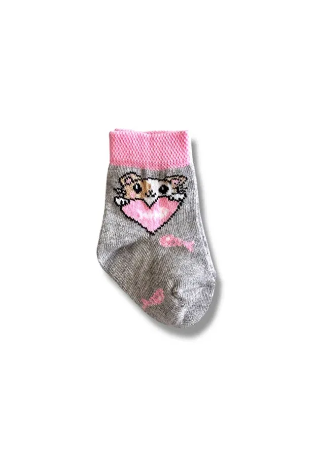 Детские носки для новорожденных хлопковые с принтом Sweet Cat & Flower Embossed Patterned Kindo Baby, Beige — фото 4