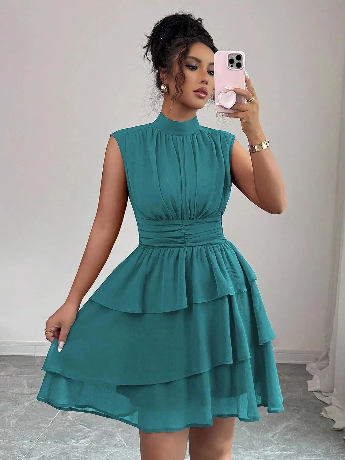 Женское летнее платье с оборками и воротником-стойкой, Teal Blue — фото 2