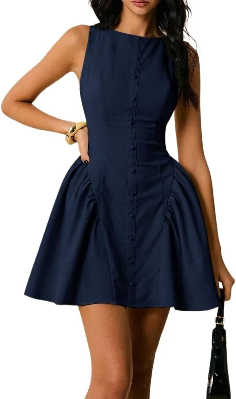 Женское повседневное платье с пуговицами Sleeveless, Navy Blue