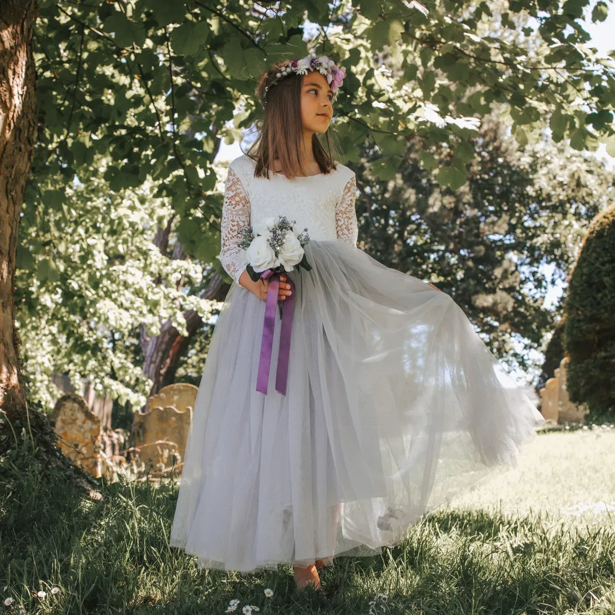 Детское классическое платье с длинным рукавом Bohemian Uk Flower Girl Boutique, Silver — фото 2