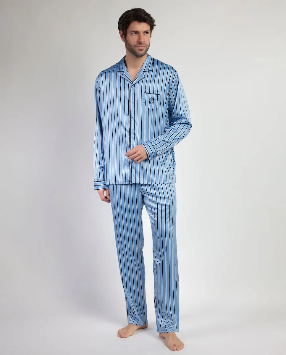 

Мужская длинная пижама с открытой передней частью из синего сатинового материала Admas, синий/черный