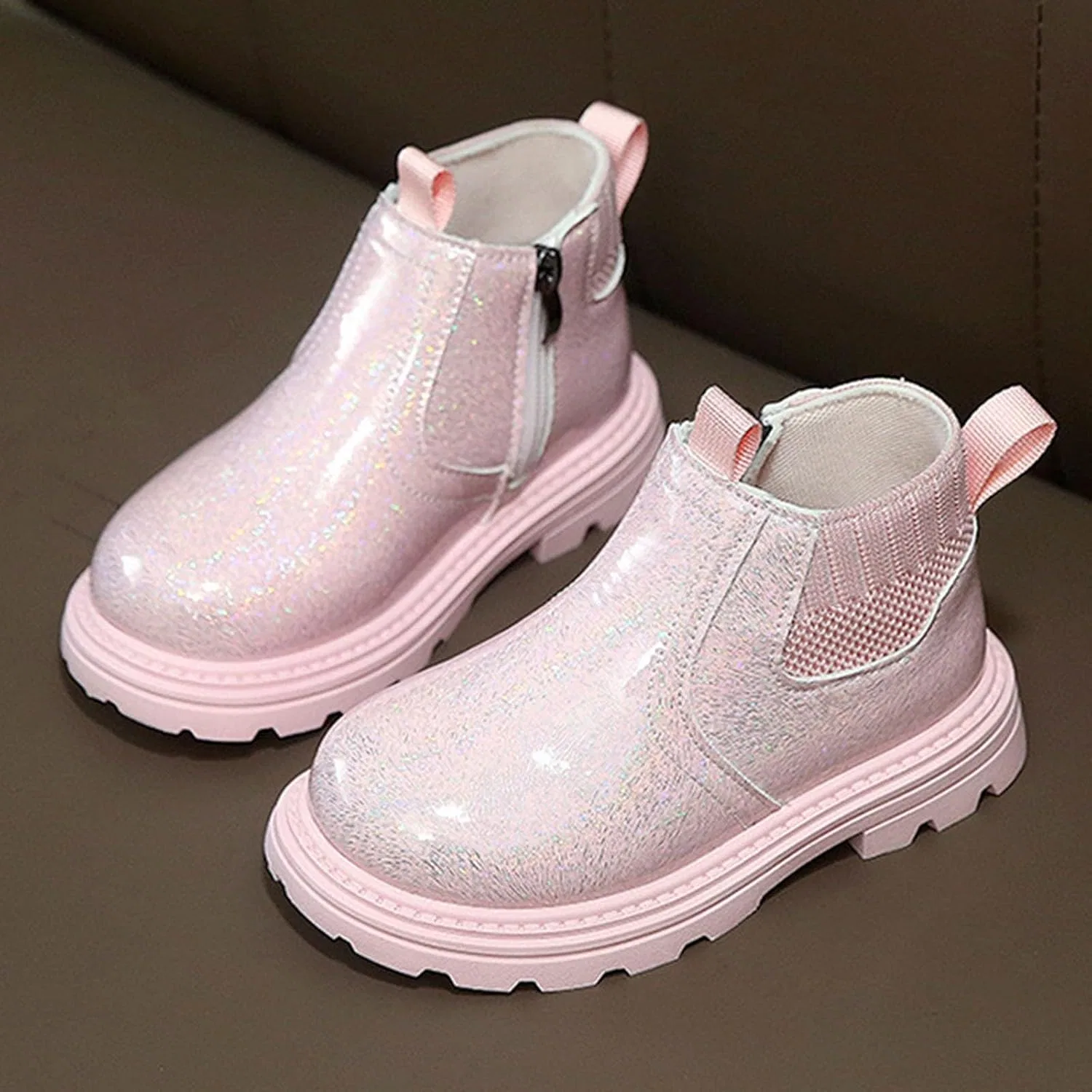 Детские ботинки для девочек с блестками на широкой подошве с молнией, Pink — фото 4