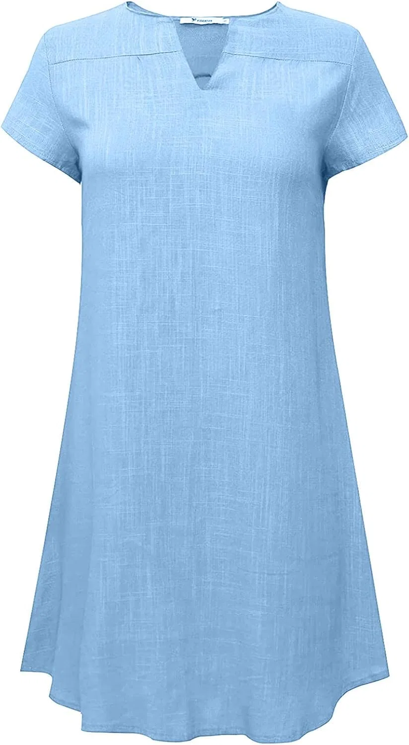 Женское летнее платье из хлопка и льна с V-образным вырезом Generic, Light Blue — фото 4