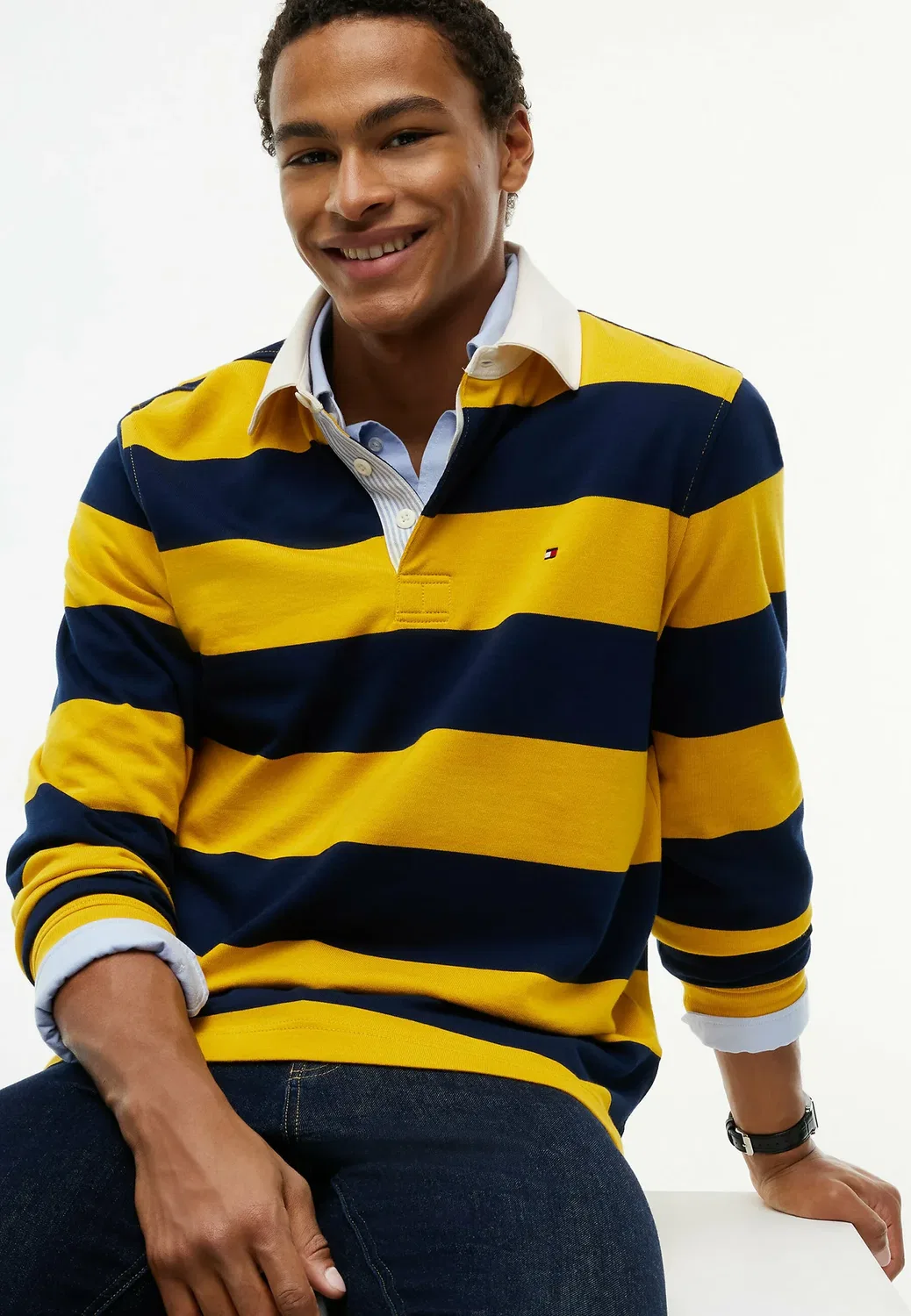 Рубашка-Поло в полоску для регби Tommy Hilfiger, Mustard Amber Carbon Navy — фото 4