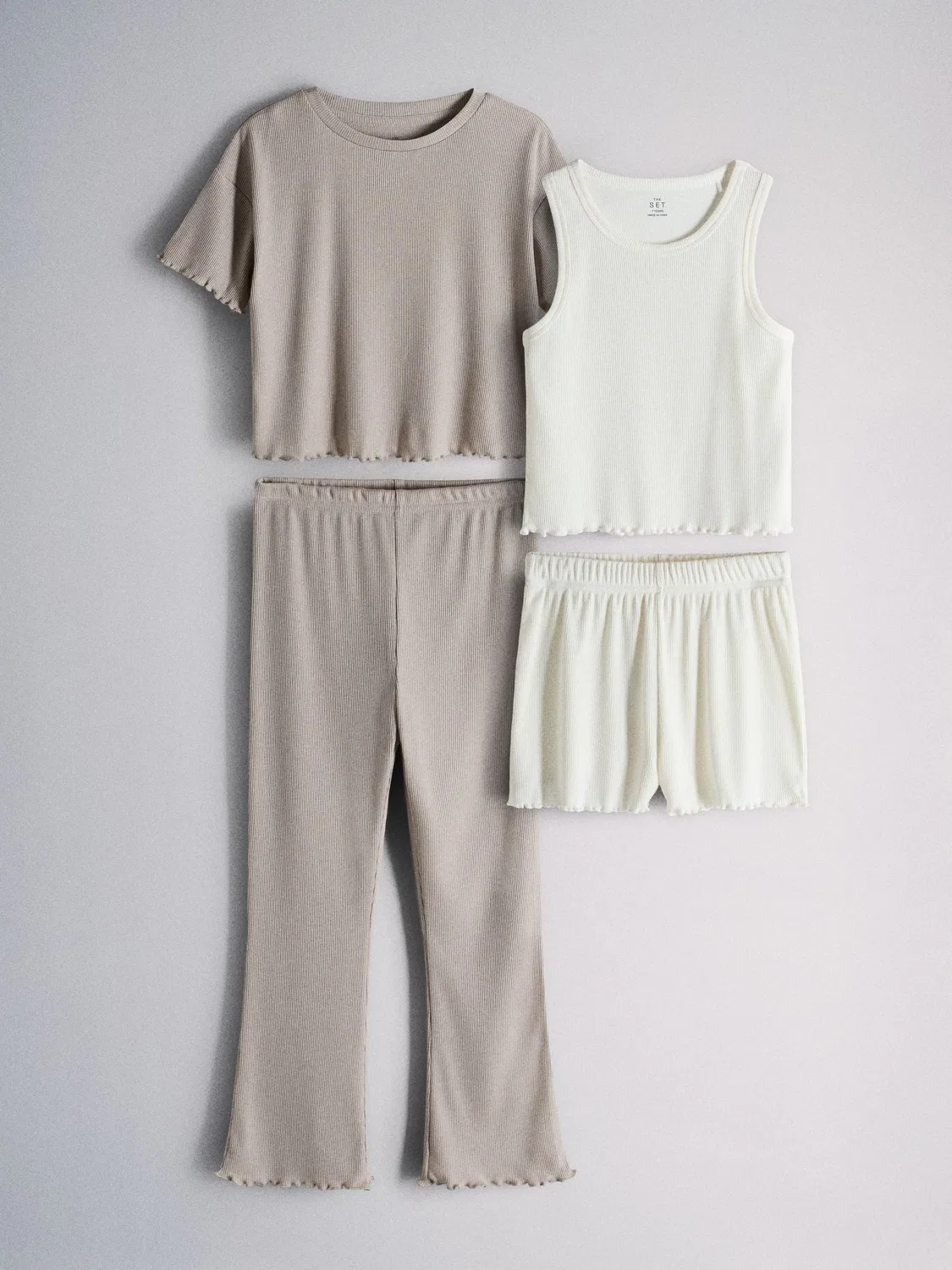 Комплект пижамный The Set 4 Pack Rib Vest, Shorts, T-Shirt and Flared Legging Nightwear Set, коричневый/кремовый