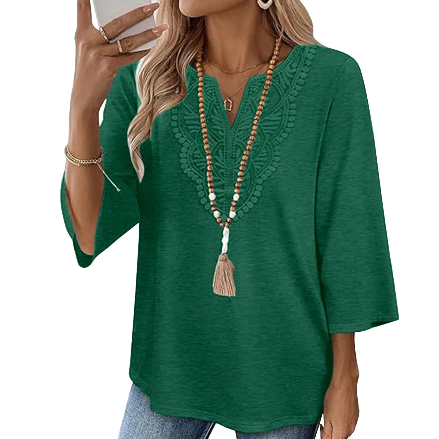 Женская льняная туника с вышивкой Retro 3/4 Sleeve Boho Casual Loose Fit Lightweight Summer Beach Blouse, C-green