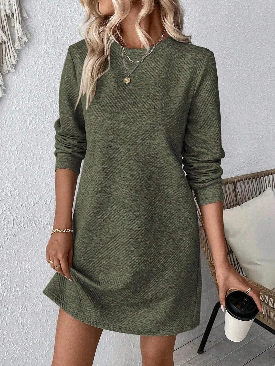 Женское повседневное платье с длинным рукавом Colorblock, Army Green — фото 2