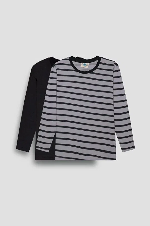 Детский комплект футболок с длинным рукавом с полоской Perendi, Black Gray-Black