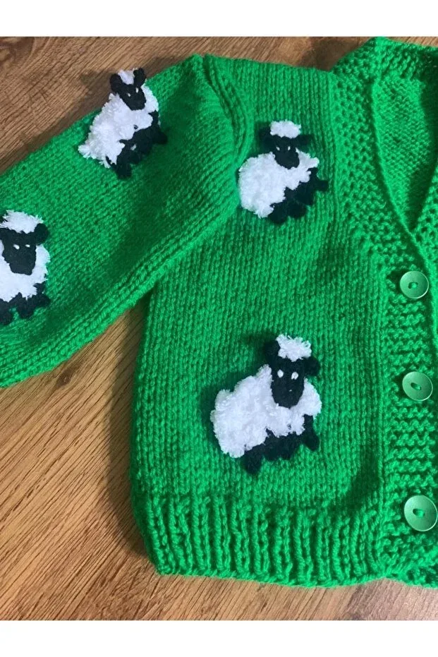 Детский кардиган с принтом Hand knitted green cardigan with lamb El Örgüsü Cici Bebe, Green — фото 2