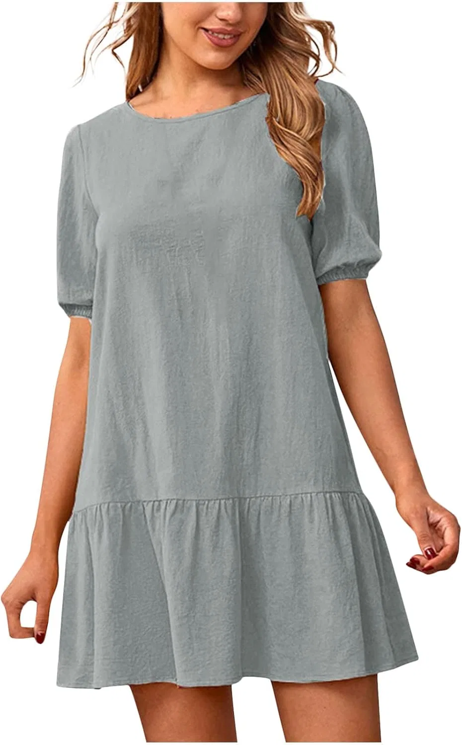 Женское мини-платье из хлопка и льна с коротким рукавом, Gray