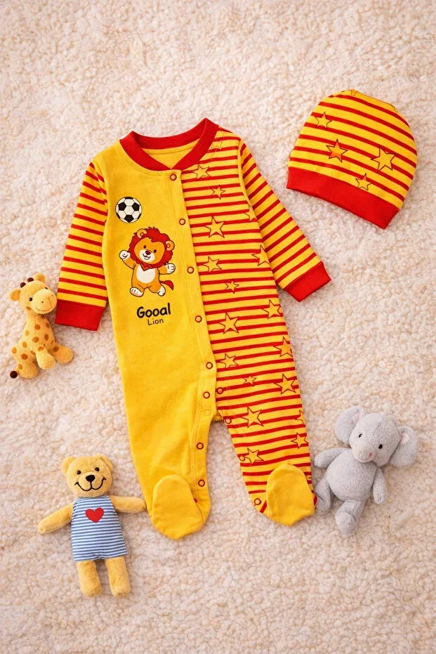 Детский комбинезон для девочек в полоску Fan baby hat and jumpsuit galatasaray set of 2, Daphkids, Yellow Red