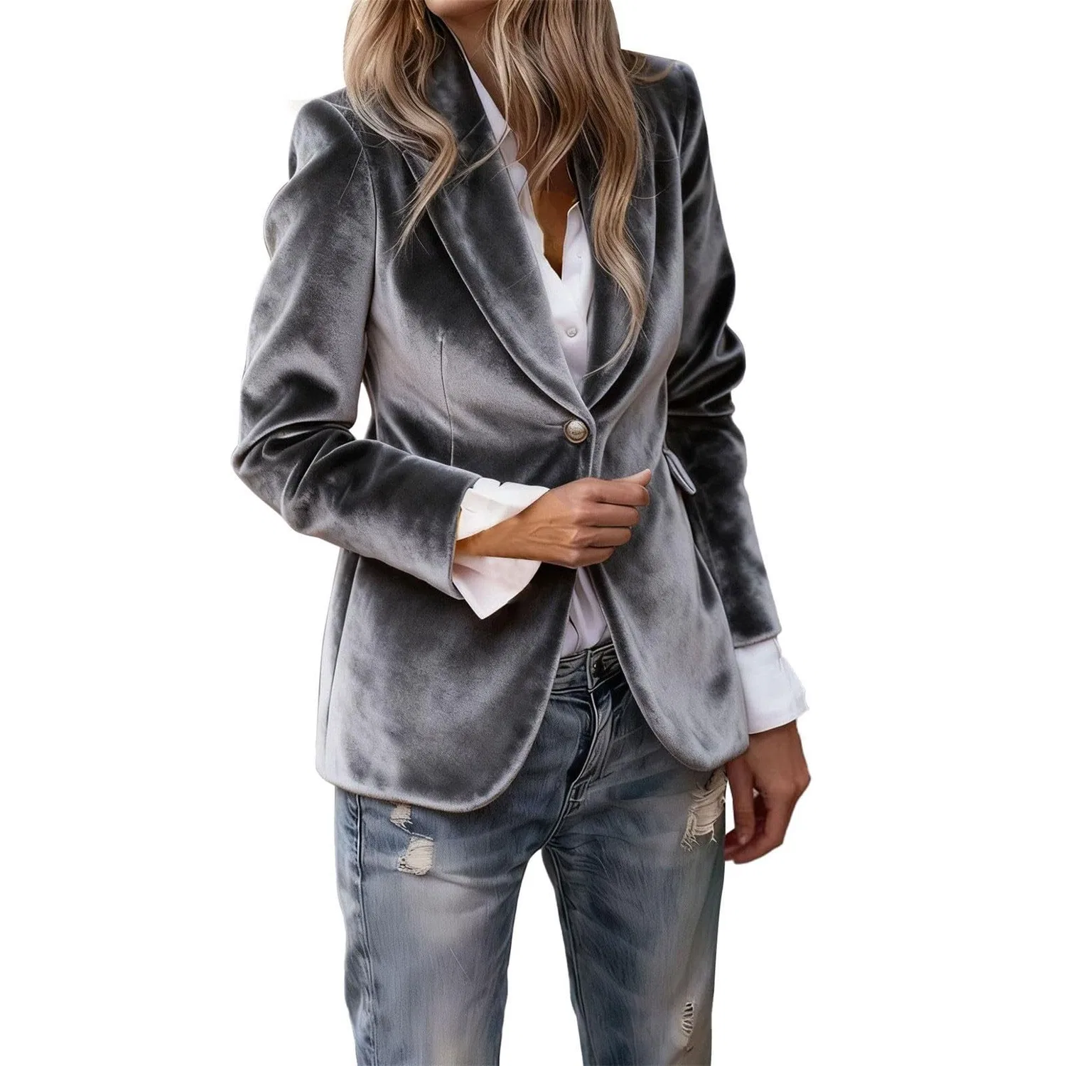 Женское бархатное пальто с принтом Vintage Casual Slim Fit Jacket, Light Ash