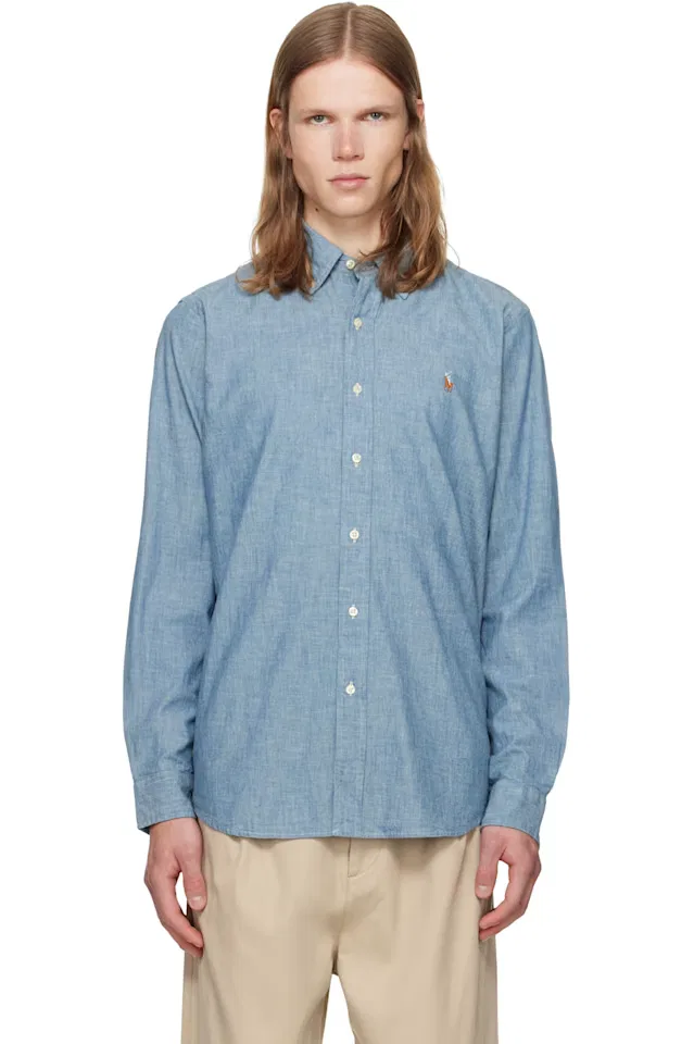 Классическая синяя рубашка из шамбре цвета индиго Polo Ralph Lauren