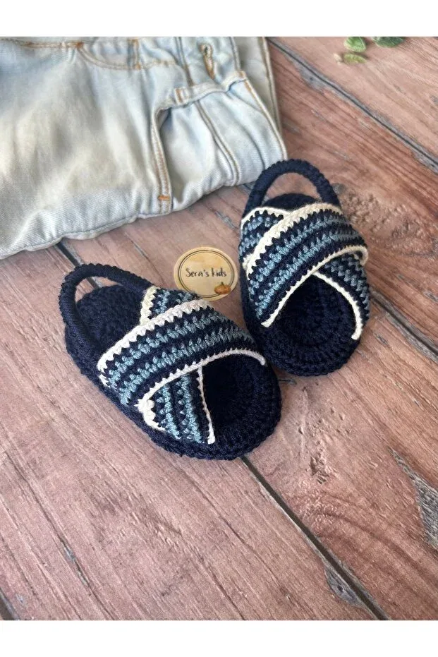 Детские сандалии-пинетки для мальчиков вязаные Seraskids, Navy Blue — фото 3