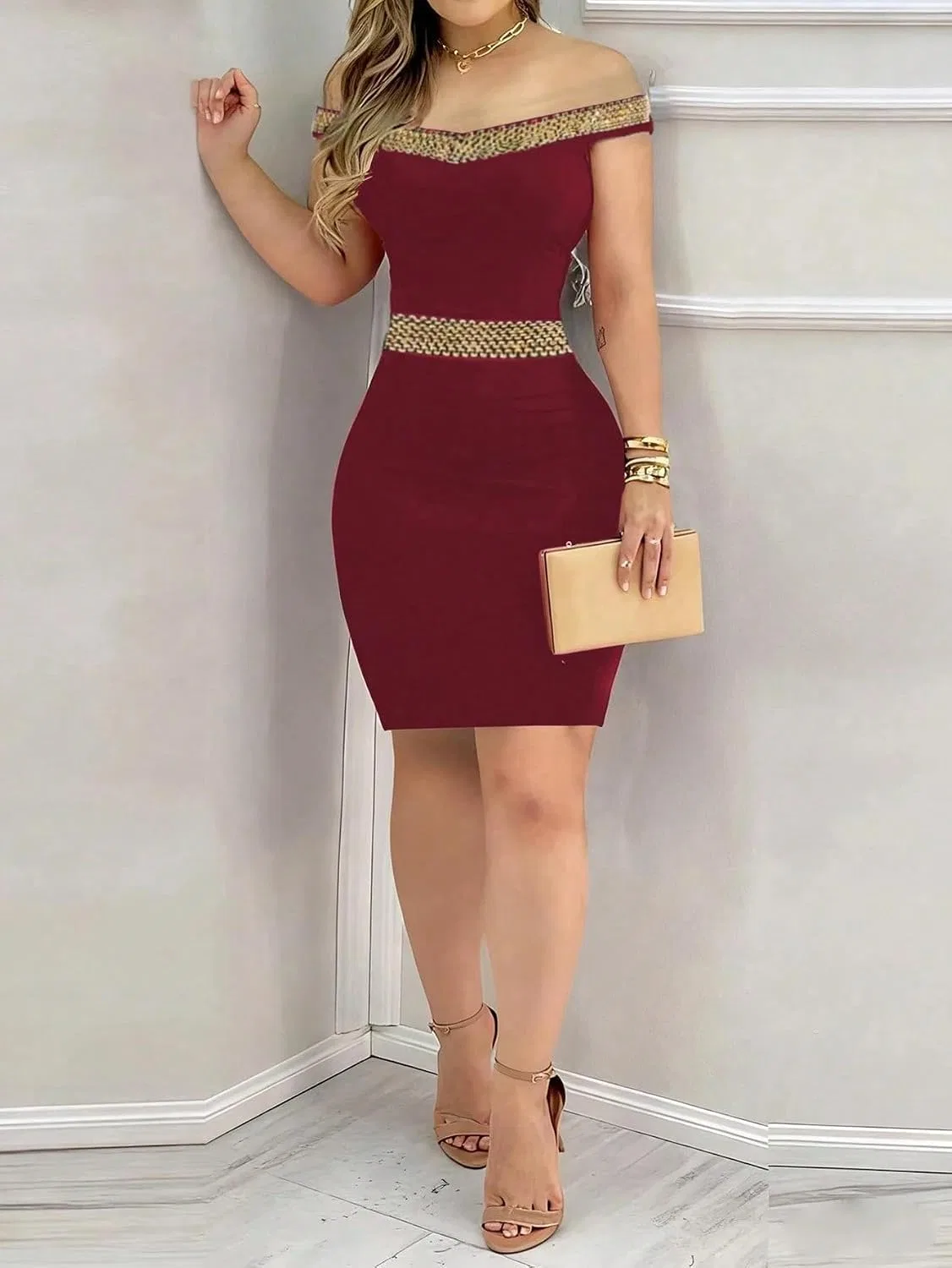 Женское кэжуал миди платье Bodycon Sleeveless Backless, Burgundy — фото 3