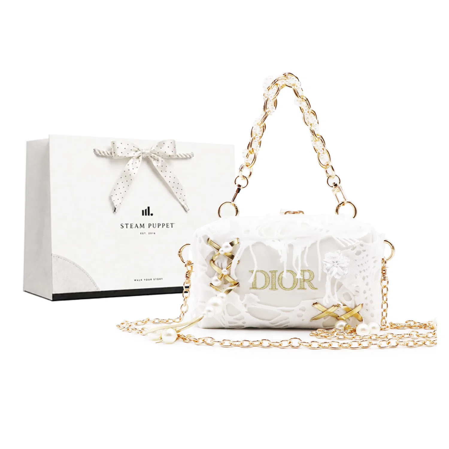 Женская косметичка с металлической цепью, модель Amsterdam Love Letter, DIOR, White Gold