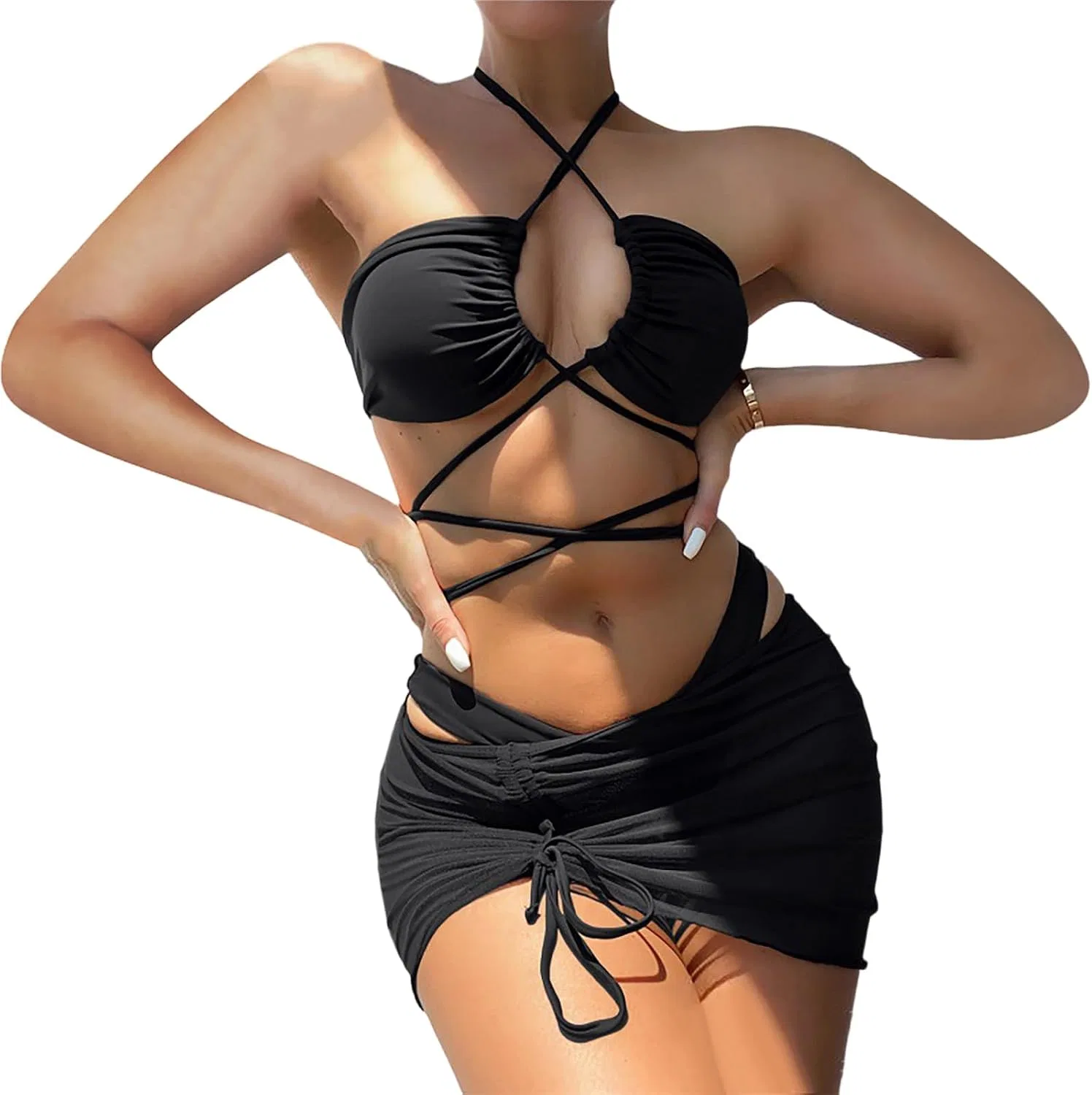 Женский купальный костюм с вырезами высокий талия Bikini Sets, Black