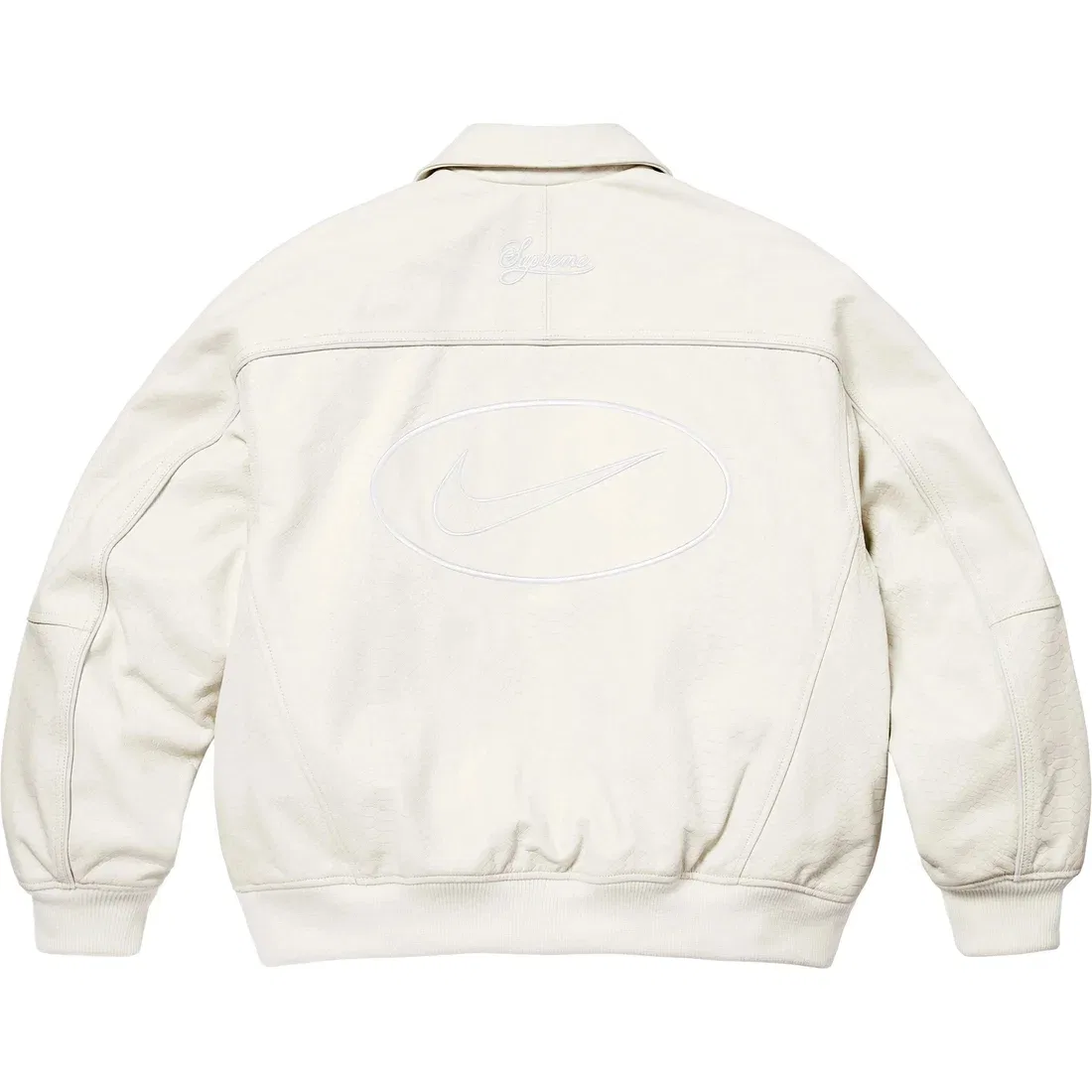 Женская куртка-бомбер с кожаными рукавами Supreme Nike Leather Varsity Jacket, Ivory White/Ivory White
