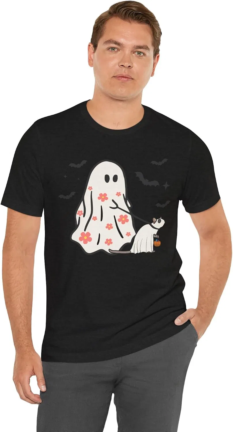 Футболка с принтом Halloween Ghost & Rat Bella Canvas 3001, Black Heather — фото 4